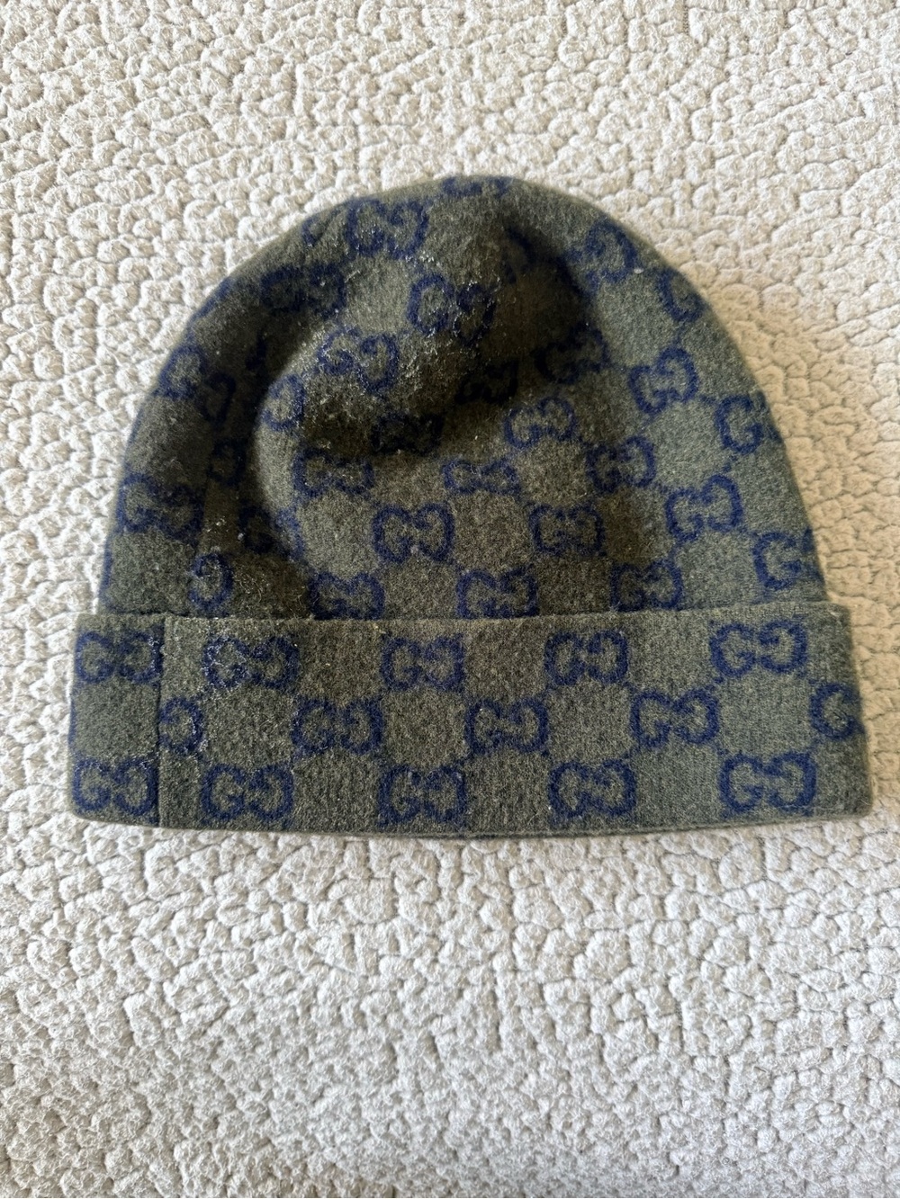 Gucci Reversible GG Monogram Wool Beanie – Navy & Olive Green – Size S / 57